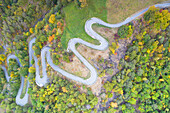 vertical view taken by drone of alpine road around Aosta, municipality of Aosta, Aosta province, Valle d'Aosta district, Italy, Europe