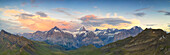 Wetterhorn, Schreckhorn, Finsteraarhorn at sunset from Bachalpsee lake, aerial view, Bernese Oberland, Switzerland, Europe