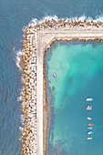 aerial vertical view, taken by drone, of the fishing harbour of Cudillero, municipality of Cudillero, Asturie, Spain, Europe