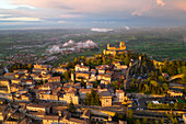 aerial view taken by drone of San Marino, during a spring sunset, Republic of San Marino, Europe