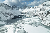 aerial view taken by drone of an frozen fjord near to A i Lofoten, Lofoten island, Norway, Europe