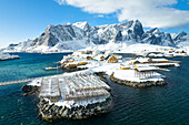 Winter day in Sakrisoy village with mountain peak covered with snow, Lofoten Islands, Norway, Europe