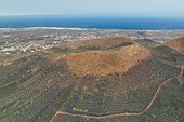 Luftaufnahme einer Drohne von einem typischen kreisförmigen Weinberg über dem Vulkan, La Geria, Lanzarote, Kanarische Insel, Spanien, Europa