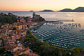 aerial view taken by drone of Lerici gulf, during a warm summer sunset, municipality of Lerici, La Spezia province, Liguria district, Italy, Europe