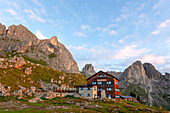 Roda di Vael mountain hut at sunrise, Dolomites, Catinaccio Group, Fassa Valley, Trento province, Trentino-Alto Adige, Italy