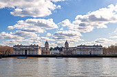 The Old Royal Naval College, the Queen's House and the Royal Observatory on the background, seen from Isle of Dogs. Greenwich, London, Great Britain, UK