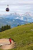 Mountain biker going down a mountain bike track at the lenzerheide station with the cablecars and swiss alps in the background, lenzerheide, canton of the grisons, switzerland