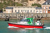 The speedboat pilote le havre leaving the port of fecamp, seine-maritime, normandy, france