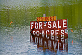 Flooded field property for sale sign.