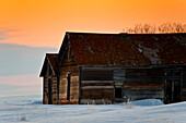Old barns at prairie sunset in winter.