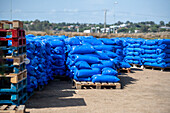 Bags of packed salt at Salt marshes, Isla Cristina, Spain