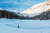 The icy Lake of Obernberg on a winter morning, Obernberg am Brenner, Innsbruck Land, Tyrol, Austria, Europe