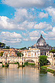 St. Peter Dome and Basilica in Vatican City, bridge on the Tiber river (Tevere), Rome, Lazio, Italy