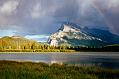 stormy weather and rainbow at Vermillion Lakes, Banff National Park, Canadian Rockies, Canada.