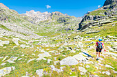 Wanderer auf Saumpfad, Vallone di Noaschetta, Valle dell Orco, Nationalpark Gran Paradiso, Provinz Turin, italienische Alpen, Piemont, Italien