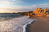 Sunset on the beach of Bassa Trinita, Cala Trinita, La Maddalena island, Sassari province, Sardinia, Italy, Europe.