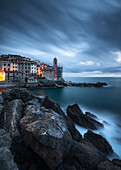 Long exposure with cold tones on the village of Tellaro, municipality of Lerici, La Spezia province, Liguria district, Italy, Europe