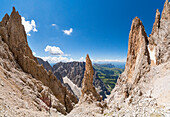 Spire rock along the normal climbing route to Sassolungo Langkofel from Sella pass, Gardena valley, Trentino alto adige, Italy.