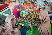 Freiwillige Helfer bereiten Kartoffeln zum Kochen vor, um Mahlzeiten für die Pilger zuzubereiten, die den Goldenen Tempel besuchen. Jeden Tag wird kostenloses Essen für 60.000 - 80.000 Pilger ausgegeben, Goldener Tempel, Amritsar, Punjab, Indien