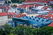 Roofs of the city and Kunsthaus, Graz Art Museum, view from Schlossberg, castle mountain, Graz, Austria