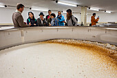 Visitors, fermentation tank, in Augustiner Brau, brewery, Salzburg, Austria