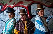 At left Benita la Intocable , in the middle Angela la Folclorista, and at right Dina, cholitas females wrestlers, El Alto, La Paz, Bolivia