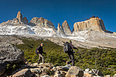 Hikers walking in Mirador Británico, Valle del Francés, Torres del Paine national park, Patagonia, Chile