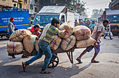 Spediteure beim Verteilen der Waren auf dem Markt, Chandni Chowk, Old Delhi, Indien