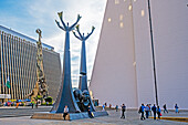 `Tribute to Dr. Guillermo Gaviria and Gilberto Echeverri´´by Salvador Arango, and `Monument to the race´ by Rodrigo Arenas Betancur, in the Administrative Center La Alpujarra, in the background, at left the building of the Government of Antioquia, and at right City hall building, Medellín, Colombia