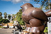 Birds sculptures, by Fernando Botero, one destroyed by a bomb on a terrorist attack, San Antonio park, Botero square, Medellín, Colombia