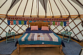 Interior of Yurt, in Yurt village near Hay on Wye to provide glamping accommodation for visitors to Hay Festival, Hay on Wye, Wales