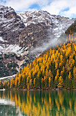 Braies lake during autumn at sunrise, Braies, Bolzano, Trentino Alto Adige, Italy, Western Europe