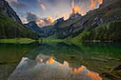 Seealpsee at sunset, Wasserauen, Canton Appenzell Innerrhoden, Alpstein, Schwende, Switzerland, Western Europe
