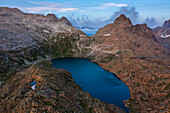 Aerial view of Rossa Pass and Geisspfadsee at sunset during summer, Alpe Devero, Val D’Ossola, Verbano Cusio Ossola, Piedmont, Italy, Western Europe