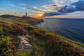 Sunset at Cabo Mayor lighthouse, Cabo Mayor, Santander, Cantabria, Spain, Iberian Peninsula, Western europe