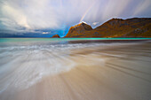 Haukland beach at sunset with rainbow, Leknes, Vestvagoy, Lofoten, Nordland, Norway, Scandinavia, Nothern Europe