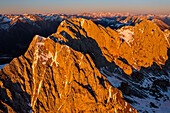 Aerial view of Presolana and Adamello Group at sunset during winter, Castione della Pesolana, Prealpi Orobie, Bergamo, Lombardy, Italy, Southern Europe