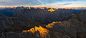 Panoramic and aerial view of Col Agnel at sunrise during summer, Col Agnel, Alpi Cozie, Alpi del Monviso, Cuneo, Piedmont, Italy, Southern Europe