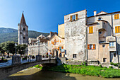 View of the medieval town of Finalborgo. Finalborgo, Finale Ligure, Savona province, Ponente Riviera, Liguria, Italy, Europe.