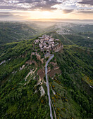 Aerial view of Civita di Bagnoregio at sunrise, Viterbo district, Lazio, Italy, Europe.