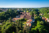 Aerial View of the medieval church called Collegiata of Castiglione Olona, Varese Province, Lombardy, Italy.