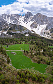 Aerial view of the Campelli di Schilpario and Cimone della Bagozza during spring time. Schilpario, Val di Scalve, Bergamo district, Lombardy, Italy, Southern Europe.