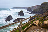 View of the sea stacks called Bedruthan Steps. Padstow, Newquay, Cornwall, United Kingdom.