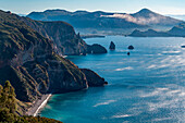 Quattrocchi viewpoint (Belvedere), Lipari, Eolie Island,(Vulcano Island on background with fumarole), Sicily,Italy, Europe