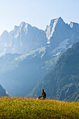 Der Mann, der das Gras mäht, mit dem Badile Peak im Hintergrund. Tombal, Soglio, Val Bregaglia, Kanton Graubünden Schweiz