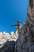 Cir, Dolomiten, Südtirol, Italien. Kletterer auf dem Klettersteig des Cir V