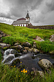 Europe, Denmark, Faroe Islands, Vidoy, Vidareidi: the church facing the atlantic sea