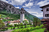 Molina di Ledro, typical village of Trentino alto adige, whit tower of the S.Vigilio church and mountain in background Ledro, Molina di Ledro, province of Trento, Trentino alto adige, north Italy, south Europe