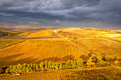 Gewitter bei Sonnenuntergang im Orcia-Tal, Provinz Siena in der Toskana, Italien,