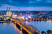 Cologne Cathedral, River Rhine and Hohenzollern Bridge, Cologne, North Rhine Westphalia, Germany